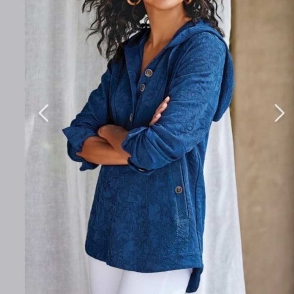 Soft Surroundings XS Forsythia Hoodie Paisley Jacquard Top Jacket Women Blue